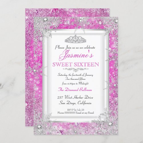Hot Pink Silver Winter Wonderland Sweet 16 Invitation
