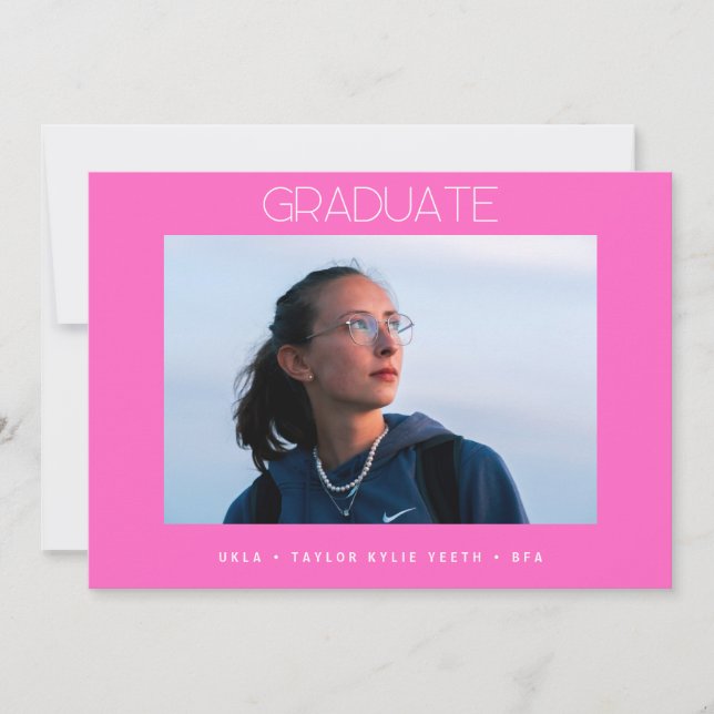 hot pink simple grad school photo graduate announcement (Front)