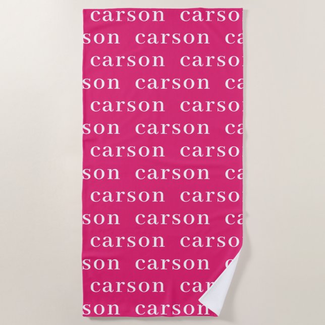 Hot Pink Simple Personalized Repeating Name Beach Towel (Front)