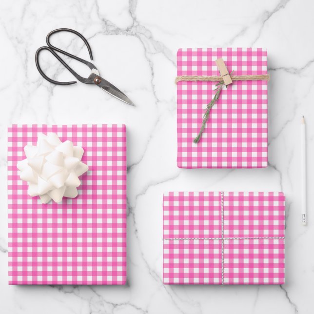 Hot Pink Simple Plaid Wrapping Paper Sheets (Front)