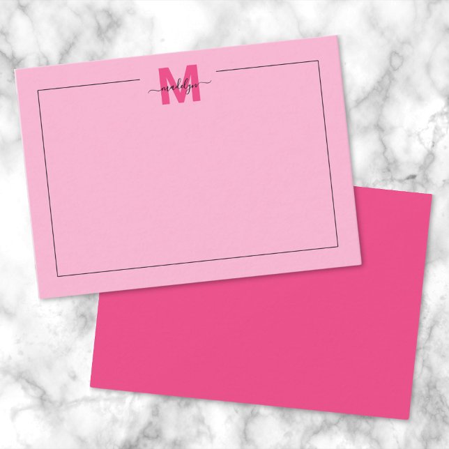 Hot Pink Simple Script Name Monogram Note Card (Girly Hot Pink Script Name Monogram Note Card )