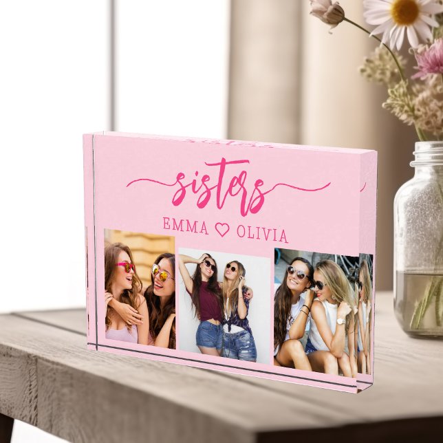 Hot Pink Sisters 3 Photo Collage Keepsake Gift Block (Creator Uploaded)