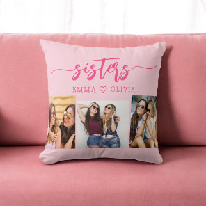 Hot Pink Sisters 3 Photo Collage Keepsake Gift Throw Pillow