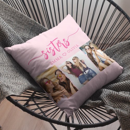 Hot Pink Sisters 3 Photo Collage Keepsake Gift Throw Pillow