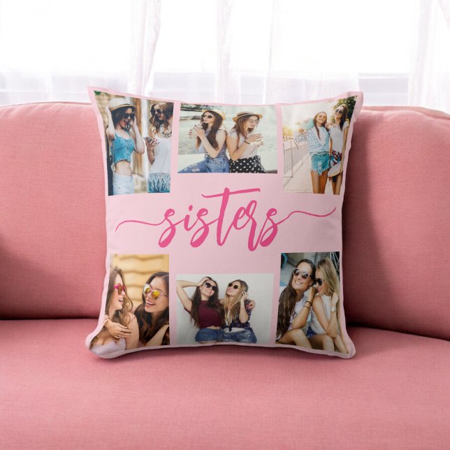Hot Pink Sisters 6 Photo Collage Keepsake Gift Throw Pillow (Creator Uploaded)
