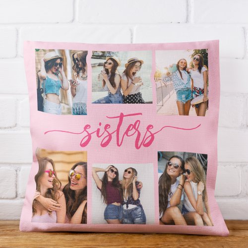 Hot Pink Sisters 6 Photo Collage Keepsake Gift Throw Pillow