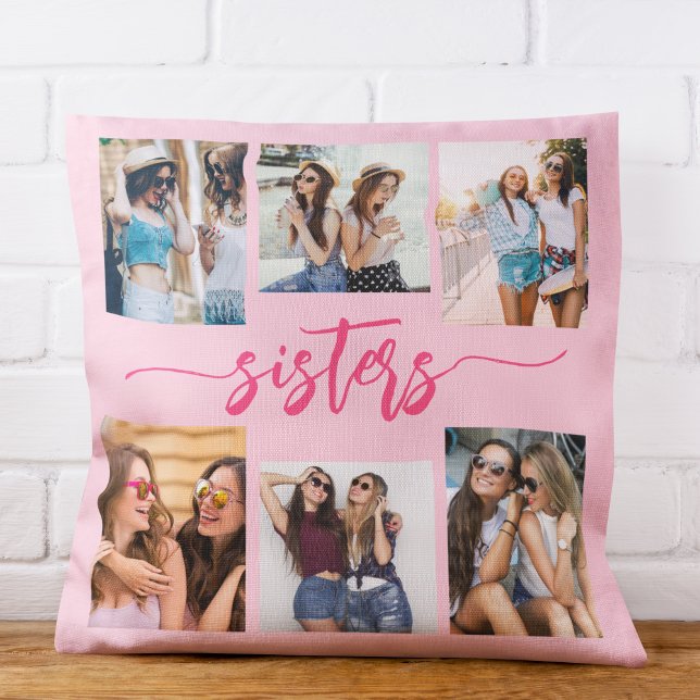 Hot Pink Sisters 6 Photo Collage Keepsake Gift Throw Pillow (Creator Uploaded)
