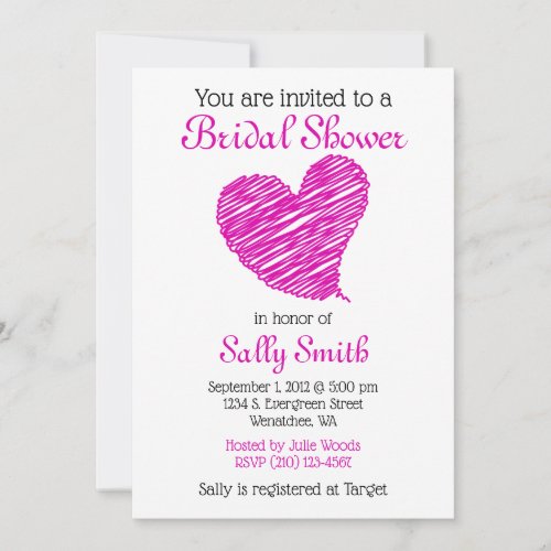 Hot Pink Sketchy Heart Bridal Shower Invitation