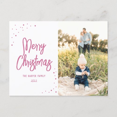 Hot Pink Snow Script Photo Holiday Postcard