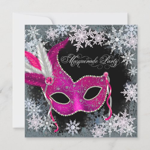 Hot Pink Snowflake Masquerade Party Invitations