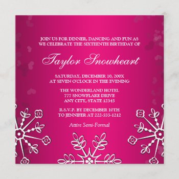 Hot Pink Snowflake Sweet Sixteen Birthday Invitation by OccasionInvitations at Zazzle