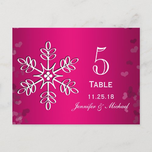 Hot Pink Snowflake Wedding Table Number Cards