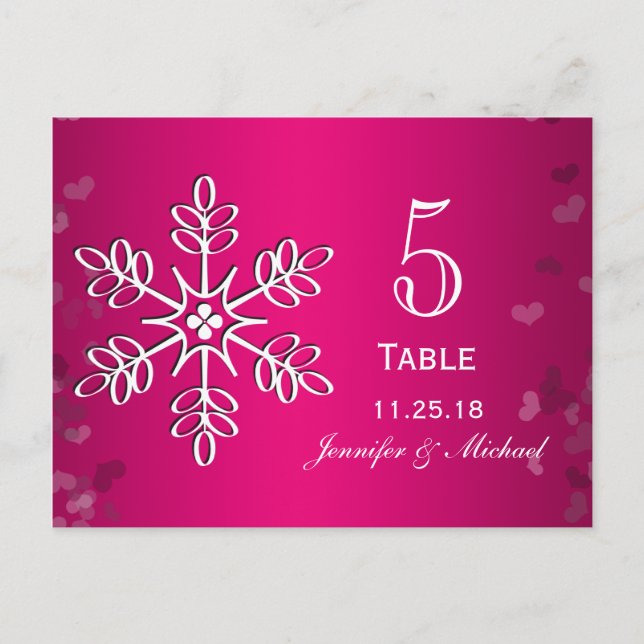 Hot Pink Snowflake Wedding Table Number Cards (Front)