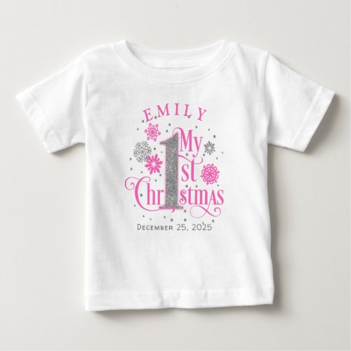 Hot Pink Snowflakes Baby Girl first Christmas Baby T_Shirt