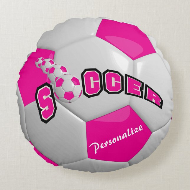Hot Pink Soccer Ball | Personalize Round Pillow (Front)