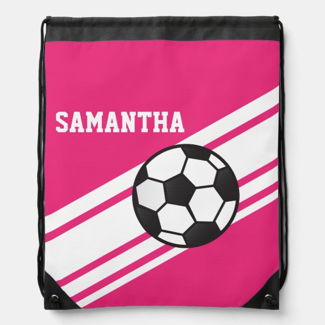 Hot Pink Soccer Stripes Drawstring Backpack (Front)