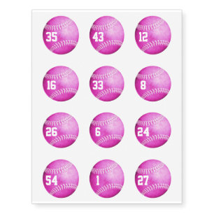 Hot pink softball 12 tattoos set w jersey number