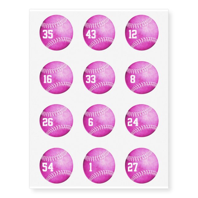 Hot pink softball 12 tattoos set w jersey number (Front)