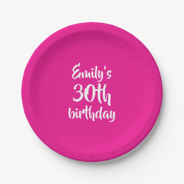 Hot Pink Solid Personalized Birthday Paper Plates (Front)