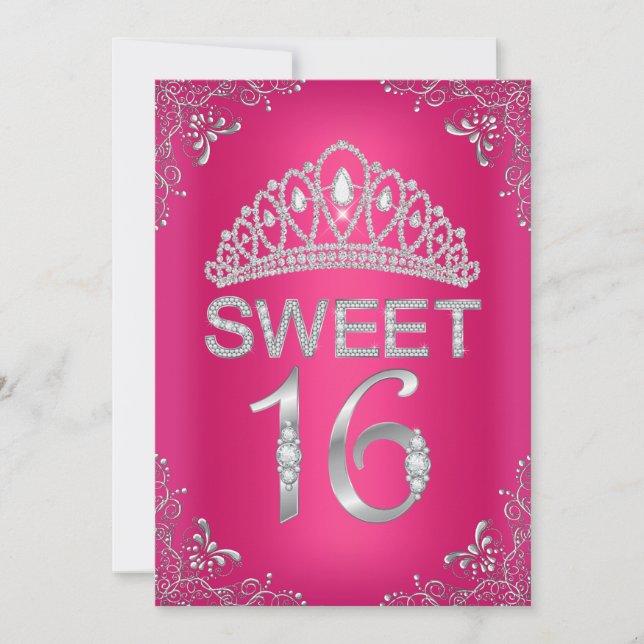 Hot Pink Sparkle Diamond Tiara Sweet 16 Invitation (Front)