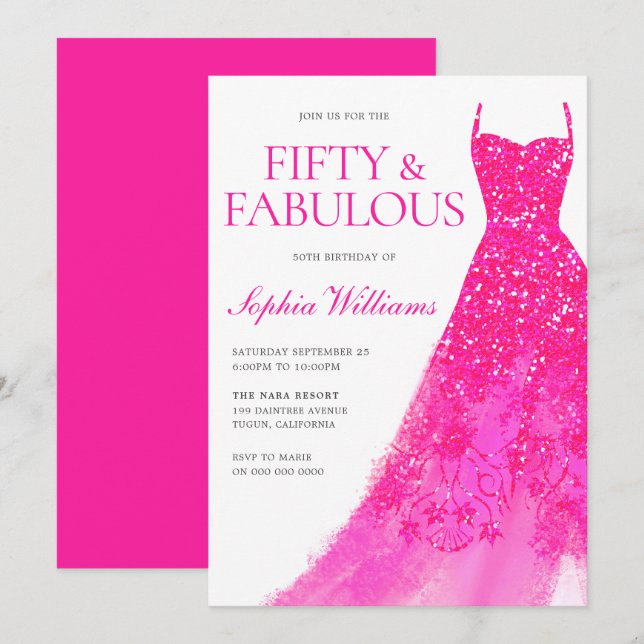 Hot Pink Sparkle Dress 50th Birthday Party  Invitation (Front/Back)