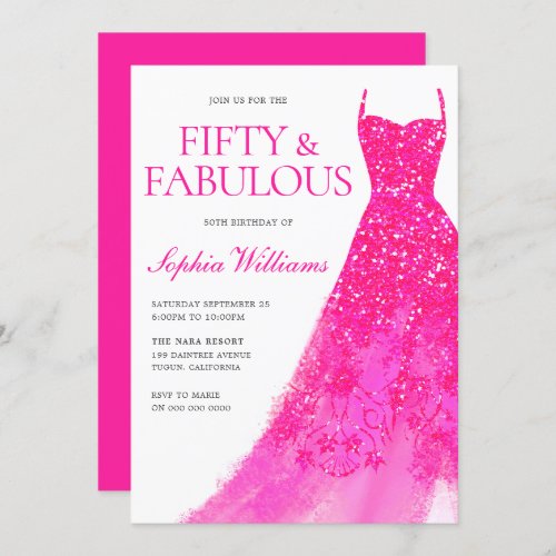 Hot Pink Sparkle Dress 50th Birthday Party  Invitation