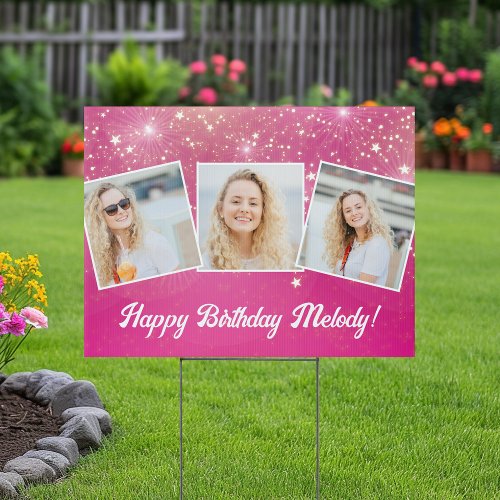 Hot Pink Sparkle Girls Photo Birthday Party Yard Sign