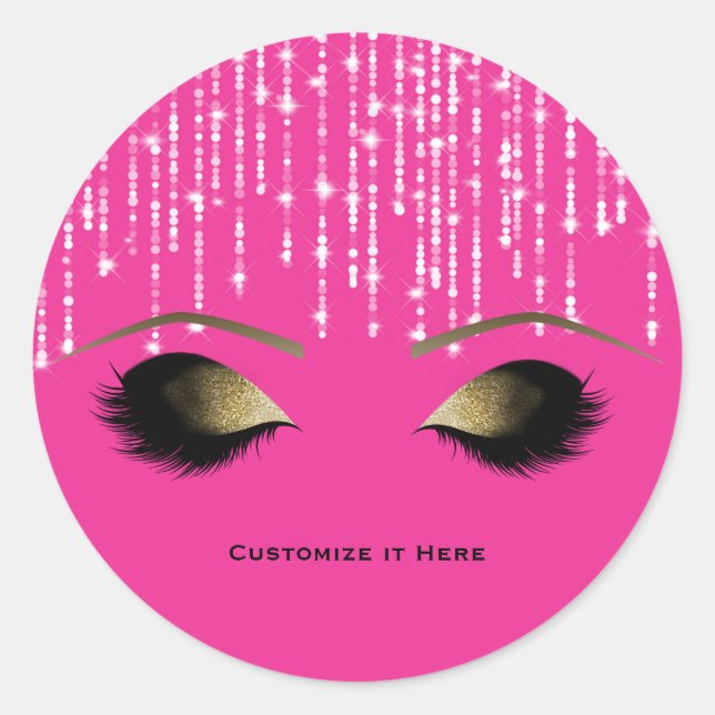 Hot Pink Sparkle Glam Gold Makeup Eyelashes Classic Round Sticker (Front)