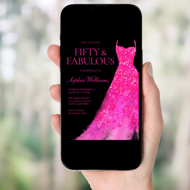 Hot Pink Sparkle Gown & Black 50th Birthday Party  Invitation (Front Digital)