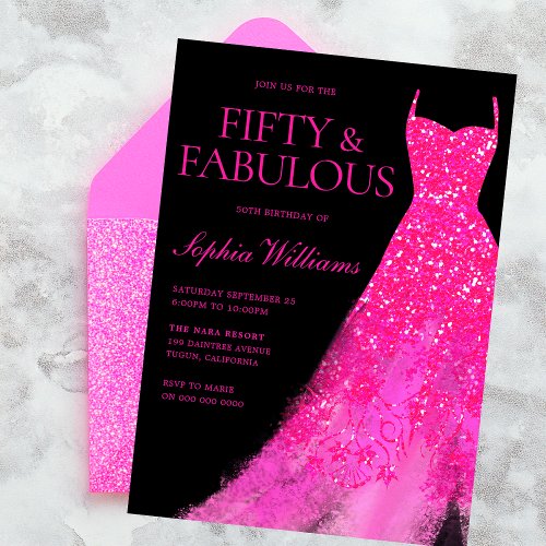 Hot Pink Sparkle Gown  Black 50th Birthday Party  Invitation