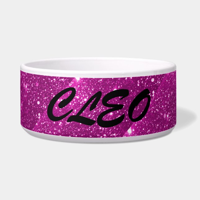 Hot Pink Sparkle Personalized Pet Food Water Bowl (Front)