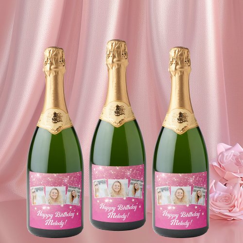 Hot Pink Sparkle Photo Collage Birthday Party Sparkling Wine Label