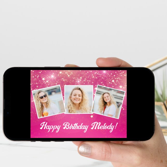 Hot Pink Sparkle Photo Collage Girls Birthday Card (Front Digital)