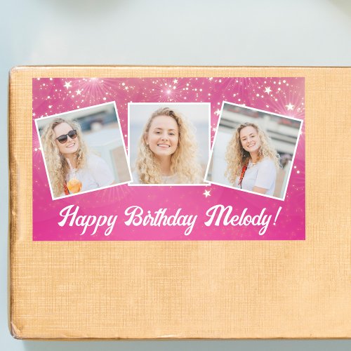 Hot Pink Sparkle Photo Collage Girls Birthday Rectangular Sticker