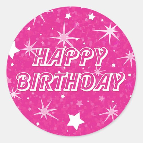 Hot Pink Sparkle Stars Happy Birthday Party Classic Round Sticker