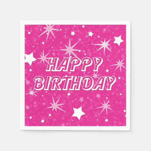 Hot Pink Sparkle Stars Happy Birthday Party Napkins (Front)