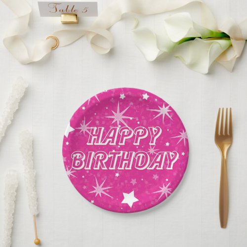 Hot Pink Sparkle Stars Happy Birthday Party Paper Plates
