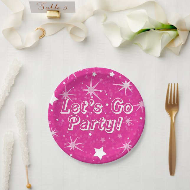 Hot Pink Sparkle Stars Happy Birthday Party Paper Plates (Wedding)