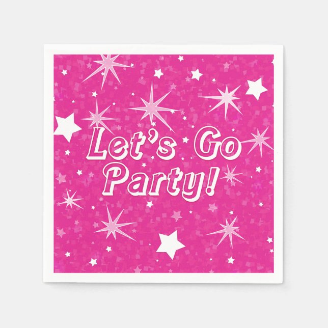 Hot Pink Sparkle Stars Let's Go Party Birthday Napkins (Front)