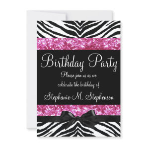 Hot Pink Sparkle Zebra Girl's Birthday Invitation