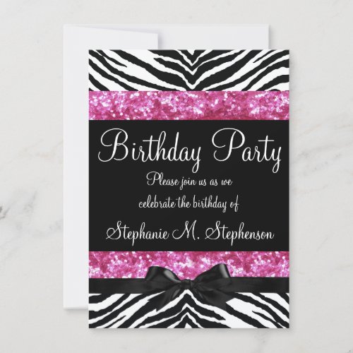 Hot Pink Sparkle Zebra Girl's Birthday Custom Announcements