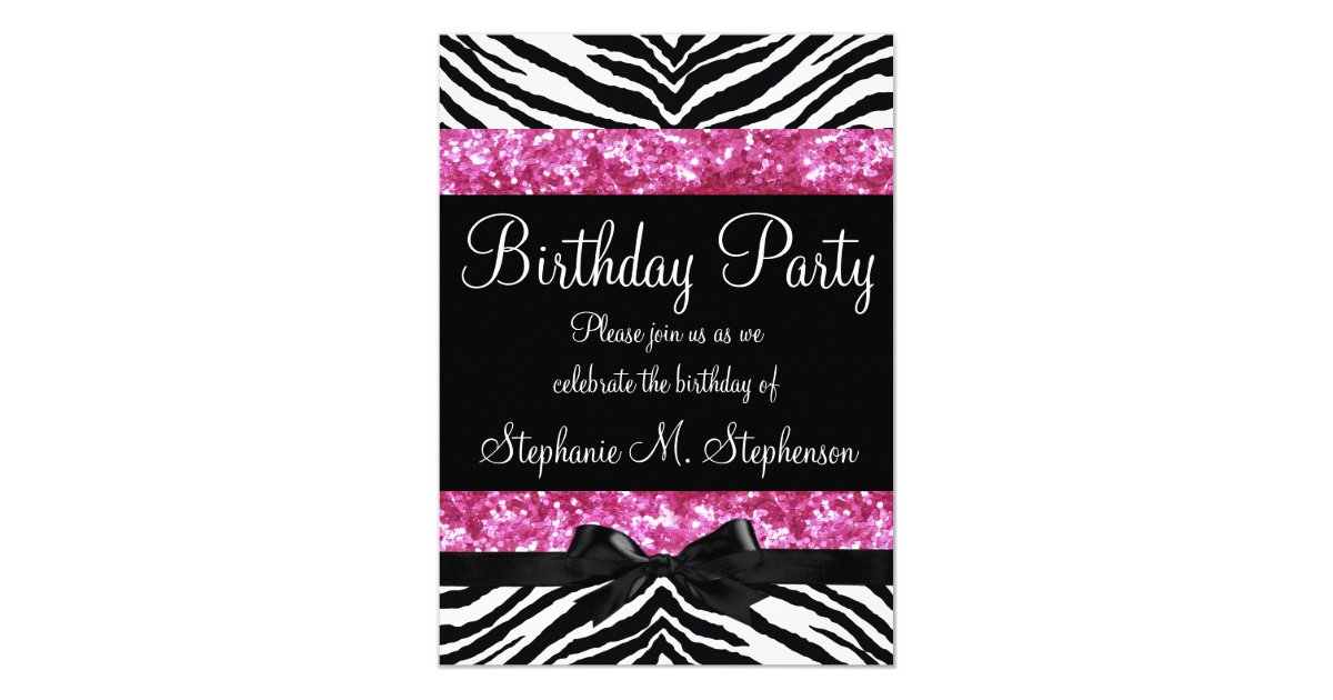 Hot Pink Sparkle Zebra Girl's Birthday Invitation