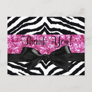 Hot Pink Sparkle Zebra Girly Girl Thank You Note Postcard
