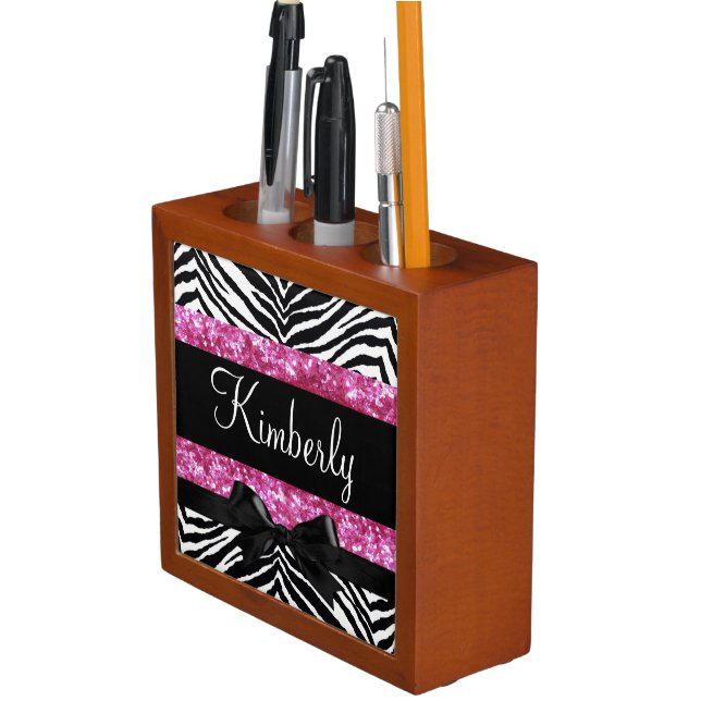 Hot Pink Sparkle Zebra Girly Girl's Desk Organizer (In Situ)