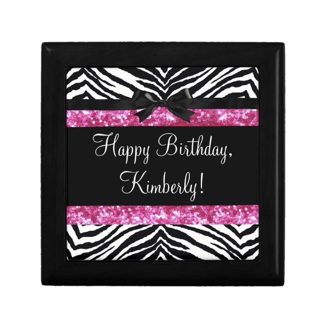 Hot Pink Sparkle Zebra Girly Girl's Keepsake Box (Front)