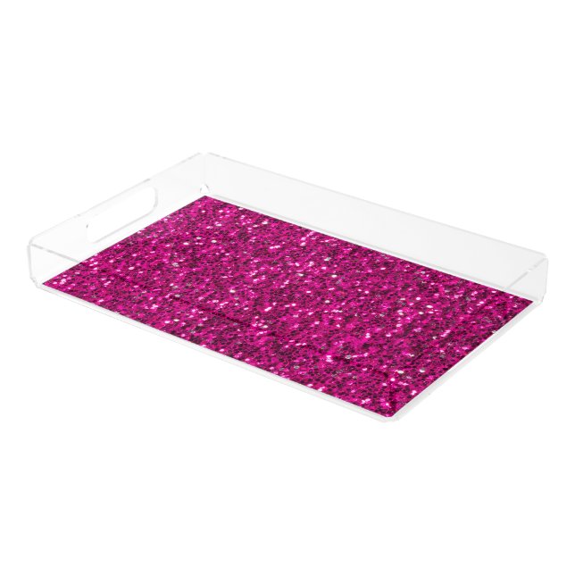 Hot pink sparkles faux glitter acrylic tray (Angled)