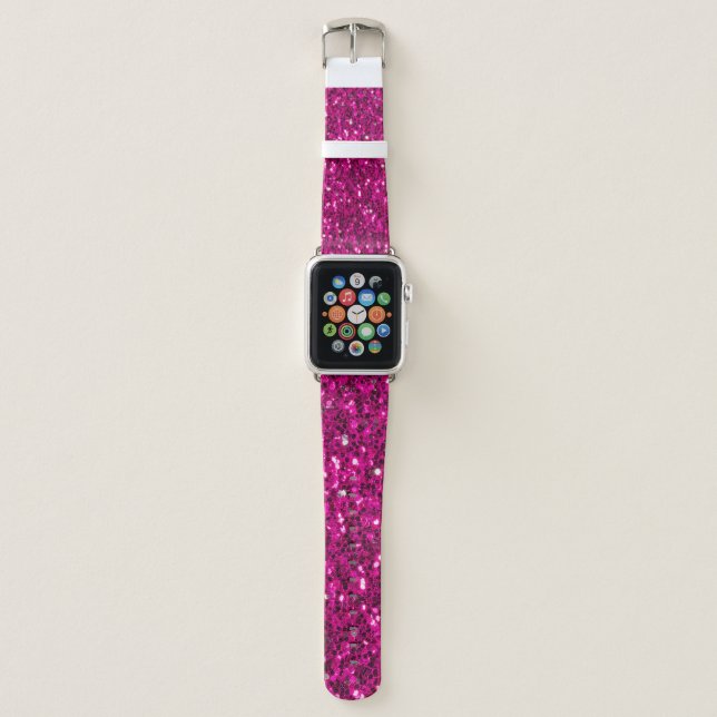 Hot pink sparkles faux glitter apple watch band (Front)