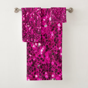 Hot pink sparkles faux glitter bath towel set