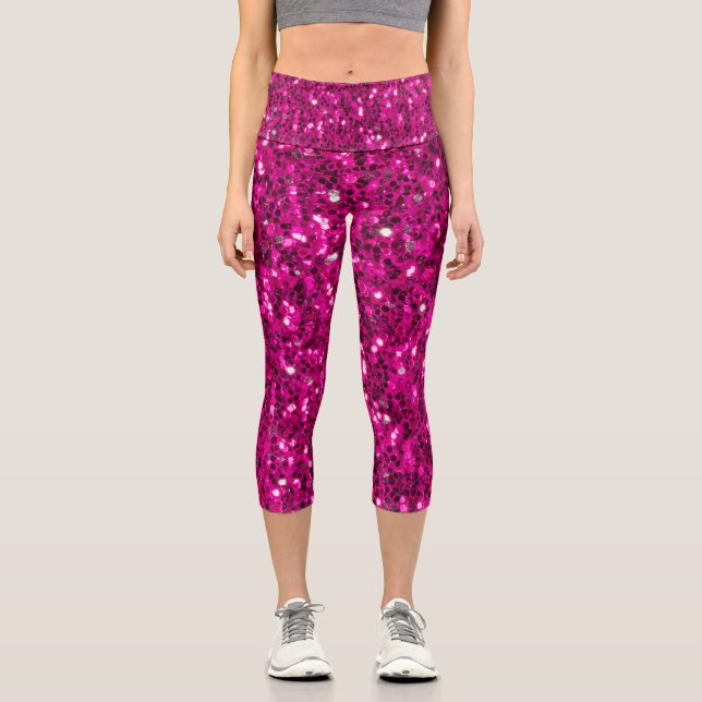 Hot pink sparkles faux glitter capri leggings (Front)