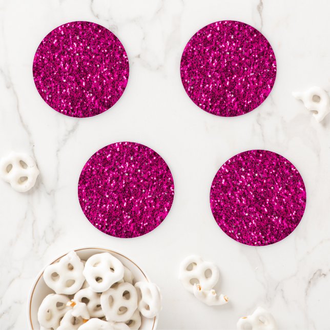 Hot pink sparkles faux glitter coaster set (In Situ)
